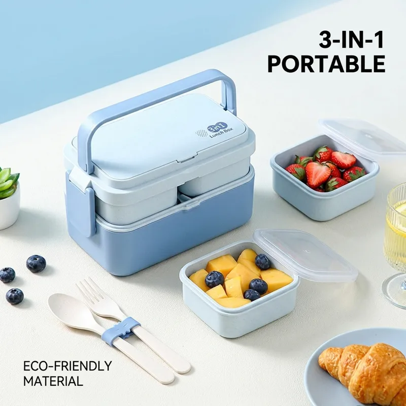 Bento Box Two Tier - ピクニックランチボックス竹繊維 3in1 二重層電子レンジ対応弁当箱食品保存容器学童弁当箱子供用
