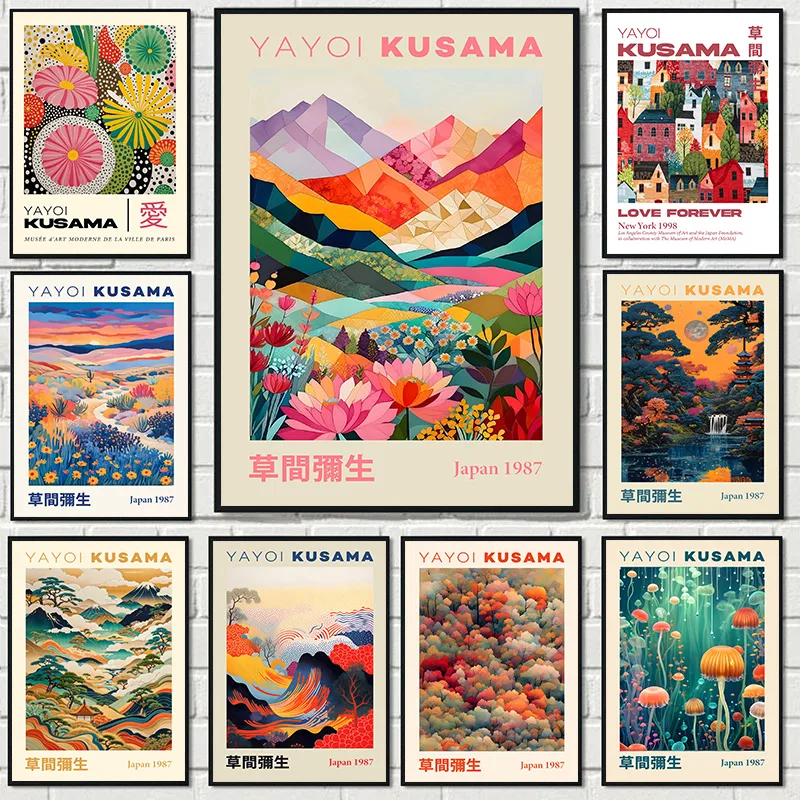 Japanese Lifestyle Japanese - 草間彌生和風幾何学的な山の風景展示ポスターキャンバス絵画壁アート画像家のインテリア装飾