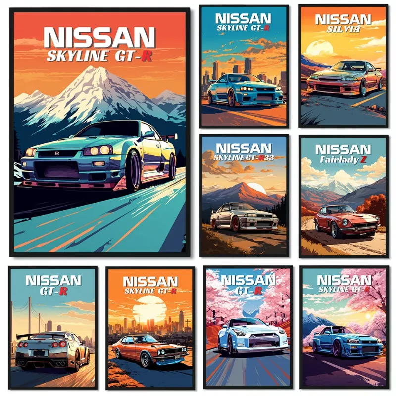 Japanese Lifestyle Japanese - レトロな日本のクラシック 1990 年代のスポーツカー スカイライン-e GT-R-R34 ポスター