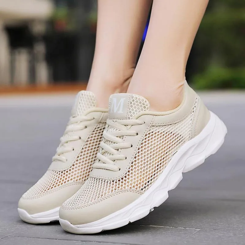 Japanese Lifestyle Brand - 女性用通気性メッシュスニーカー,軽量ランニングシューズ,ベージュ,新しい2019,B-332,夏
