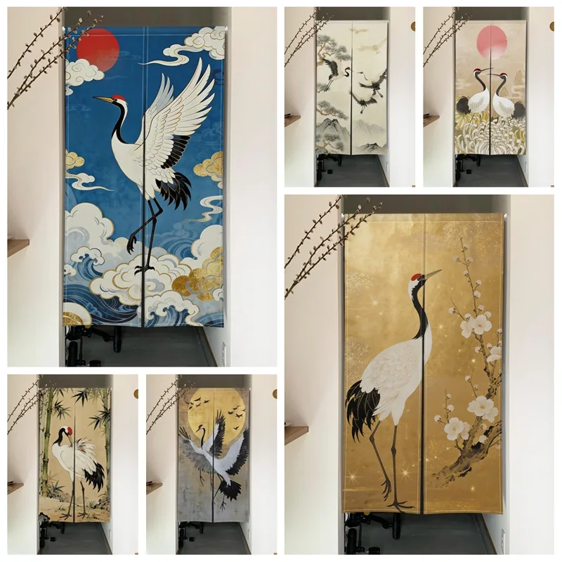Noren Curtain Doorway - 和風のれん ドアカーテン 鳥鶴波模様 スプリットドアウェイカーテン キッチンエントランスパーティション 吊り下げハーフカーテン