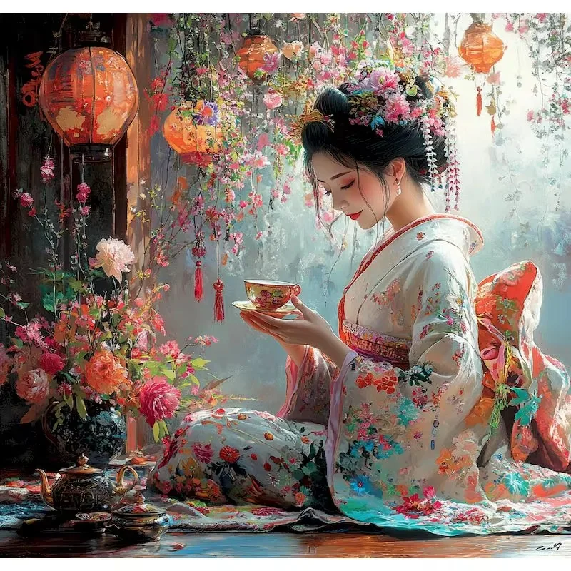 Japanese Living Lifestyle - 和風女性油絵数字塗り絵 キャンバス壁飾り リビングルーム寝室用 手作りDIYギフト フレームレス