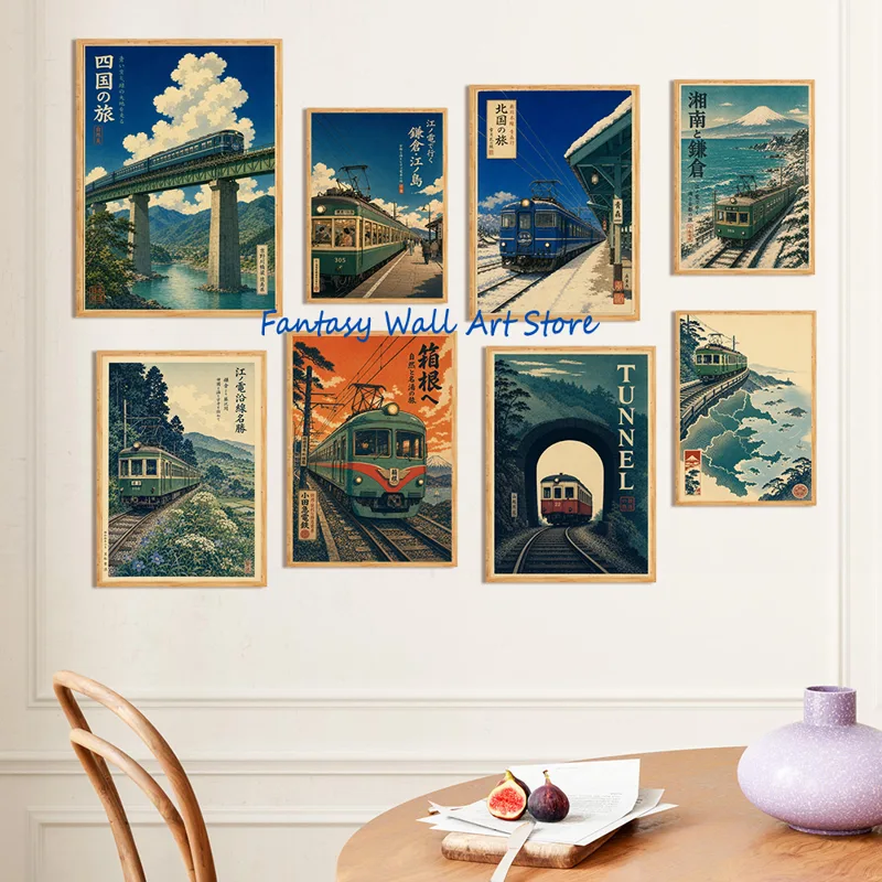 Japanese Lifestyle Japanese - 日本の電車青い鉄道駅のシーンヴィンテージ旅行ポスター現代高速列車レトロスタイルポスターキャンバス絵画装飾