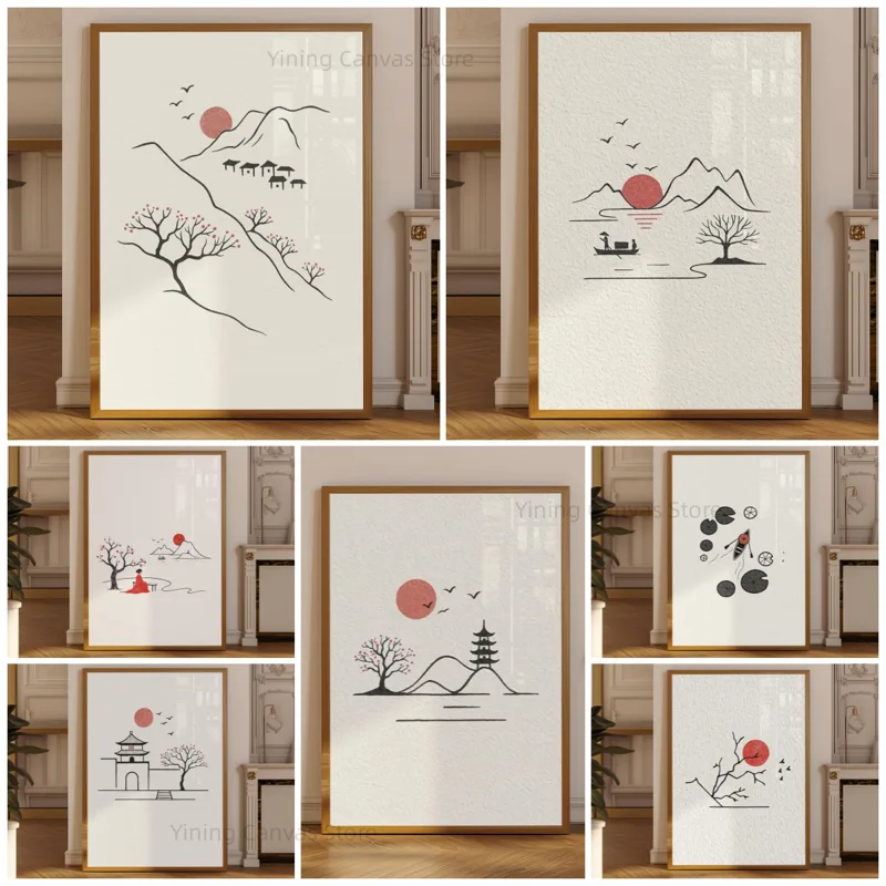 Japanese Zen Lifestyle - ミニマリストの日本水墨画ポスター、鳥の絵が描かれた赤い太陽の枝線アート、禅侘び寂びジャパンディ壁掛けアートプリント、モダンなアジアの装飾