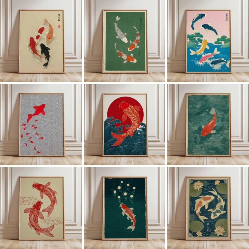 Japanese Zen Lifestyle - 日本の鯉のポスター金魚ポスター絵画キャンバス静かな池プリント禅水彩画壁の装飾家の壁画クアドロス