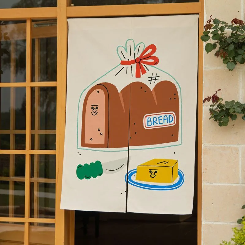Noren Curtain Doorway - VIKAMA かわいい手描きパンパック ドアカーテン 朝食フードプリントのれんカーテン ベーカリーコーヒーショップ吊り下げカーテン