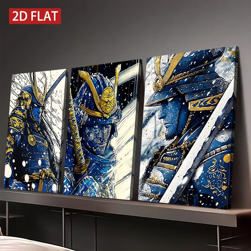Japanese Lifestyle Japanese - 3枚入り木製フレームキャンバス絵画、日本の武士雪景色アートプリント、モダンな装飾、リビングルームオフィス用装飾