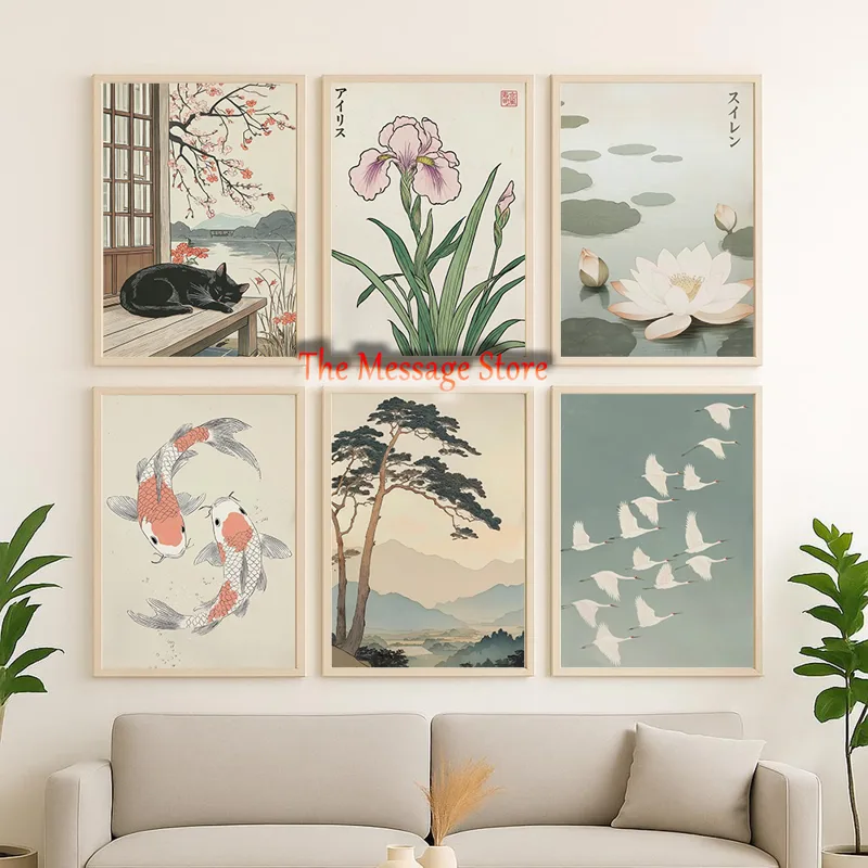 Japanese Zen Lifestyle - ジャパンディ侘び寂びエレガントヴィンテージ風景日本の禅睡蓮鯉魚モダンポスターキャンバス絵画壁の装飾