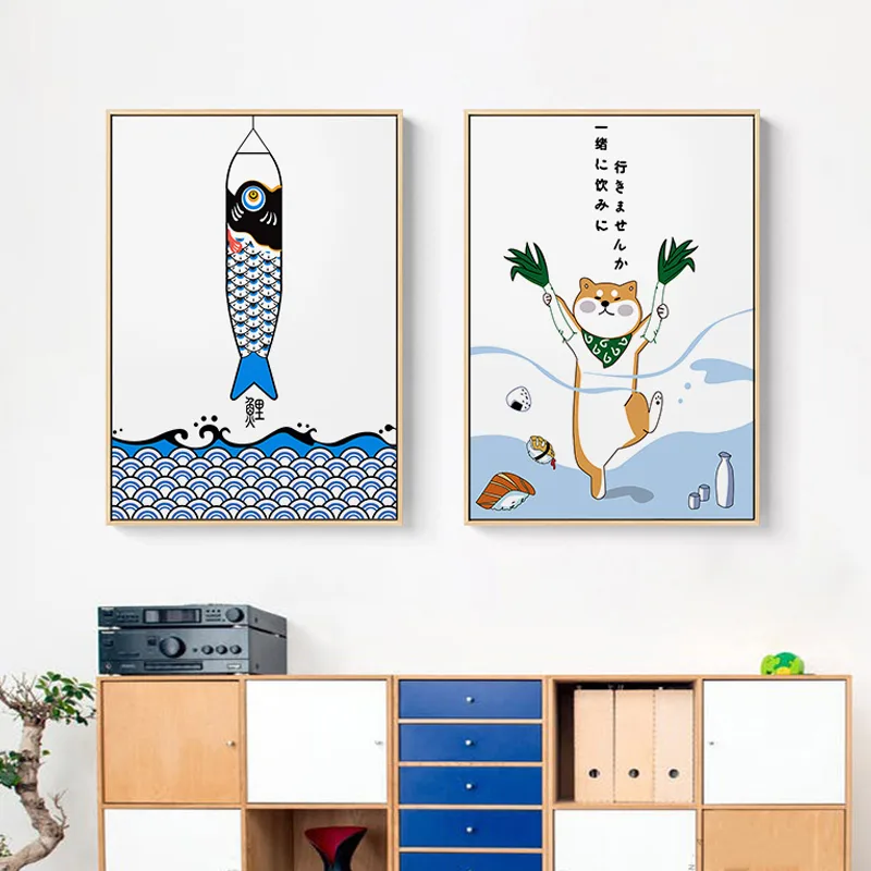 Japanese Lifestyle Japanese - 動物と魚のプリントが施された日本のクリエイティブなポスター,レストランの装飾,絵画,かわいい壁画,アート,ダイニングルーム,寿司の場所
