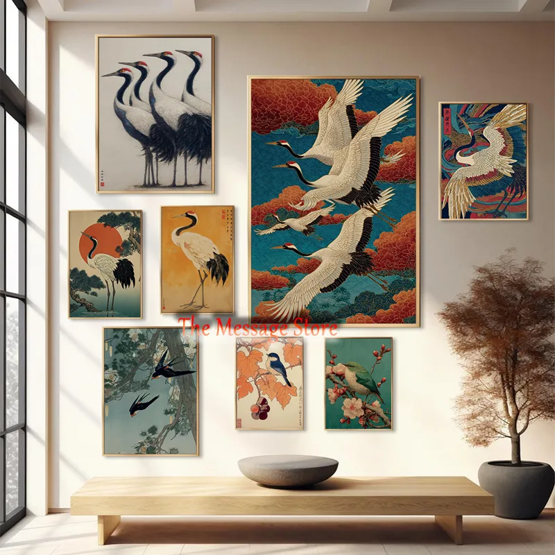 Japanese Zen Lifestyle - 伝統的な自然の鶴鳥日本アジア禅壁アート日本のヴィンテージ鳥ポスターキャンバス絵画壁絵家の装飾