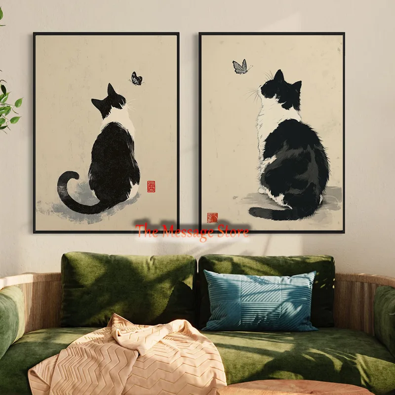 Japanese Zen Lifestyle - 黒牛猫日本のミニマリスト猫禅動物ポスター中立的な家の装飾ヴィンテージインクスタイルキャンバス絵画壁の写真装飾
