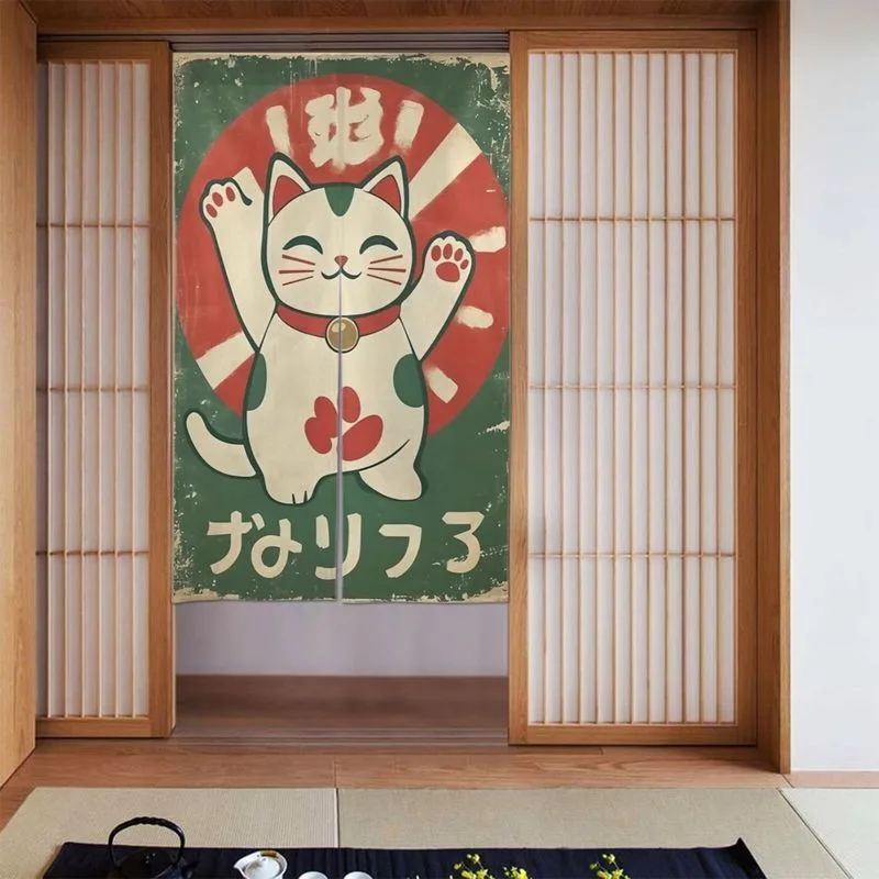 Noren Curtain Doorway - VIKAMA レトログリーン招き猫ドアカーテン ディストレスト加工 日本の招き猫プリントのれんカーテン レストラン吊り下げカーテン