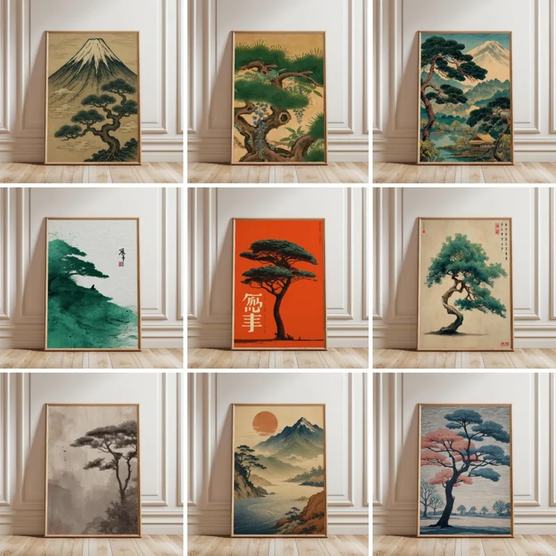 Japanese Zen Lifestyle - 富士山日本の風景ポスター浮世風禅自然松の木キャンバス印刷絵画壁アート家の装飾壁画クアドロス