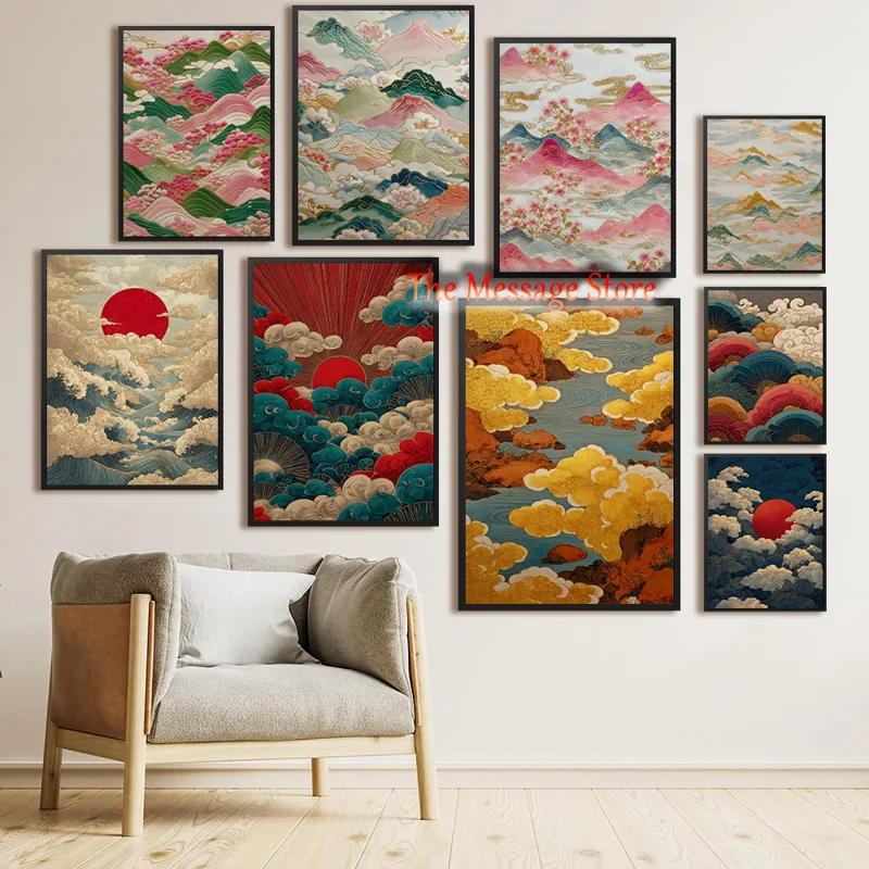 Japanese Lifestyle Japanese - 日本の風景抽象ゴールド雲川山桜アートブルー自然ポスターキャンバス絵画壁の写真家の装飾