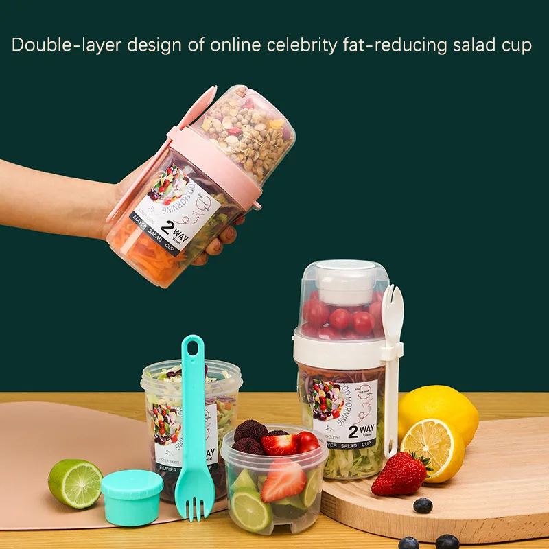 Bento Box Two Tier - 朝食用フルーツオートヨーグルトサラダカップ、蓋とスプーン付き、二層式食品保存弁当箱、フィットネス用減脂肪テーパーボウル