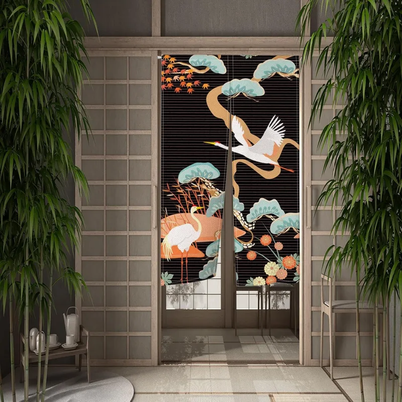 Noren Curtain Doorway - 伝統的な和風の出入り口カーテン、ノレン、鶴と花柄のストライプがプリントされた窓飾りタペストリー、壁掛け用