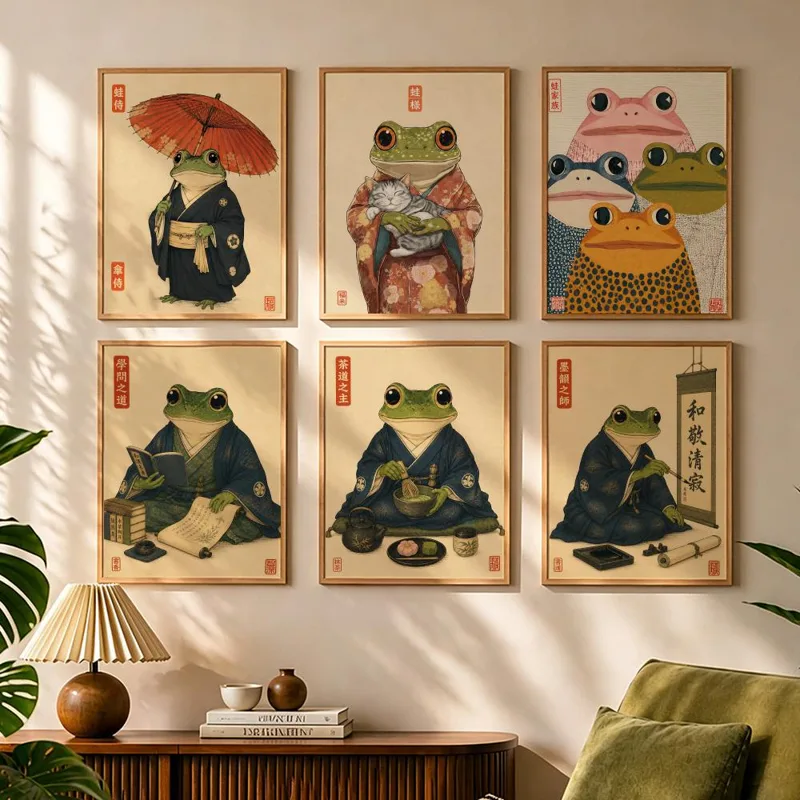 Japanese Living Lifestyle - 文化的な日本のカエルの生活スタイル絵画書道キャンバスポスター寝室リビングルームバー廊下家のインテリア壁装飾