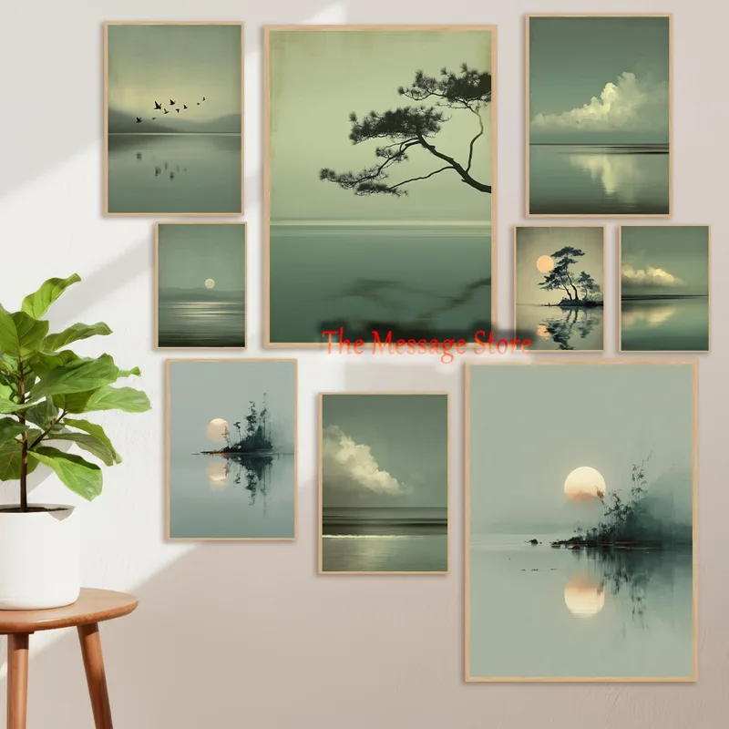 Japanese Zen Lifestyle - 日本の風景ミニマリスト月湖雲海景禅侘び寂びセージグリーンポスターキャンバス絵画壁の絵家の装飾