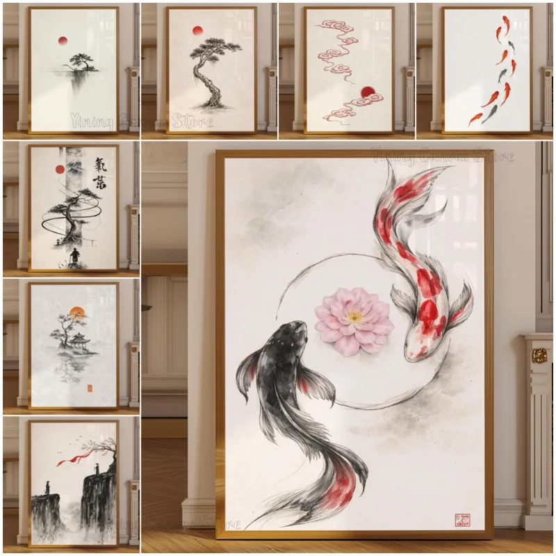 Japanese Zen Lifestyle - 水墨山水ポスター、墨絵塔壁アート、ミニマル禅水彩プリント、霧の山湖の反射装飾