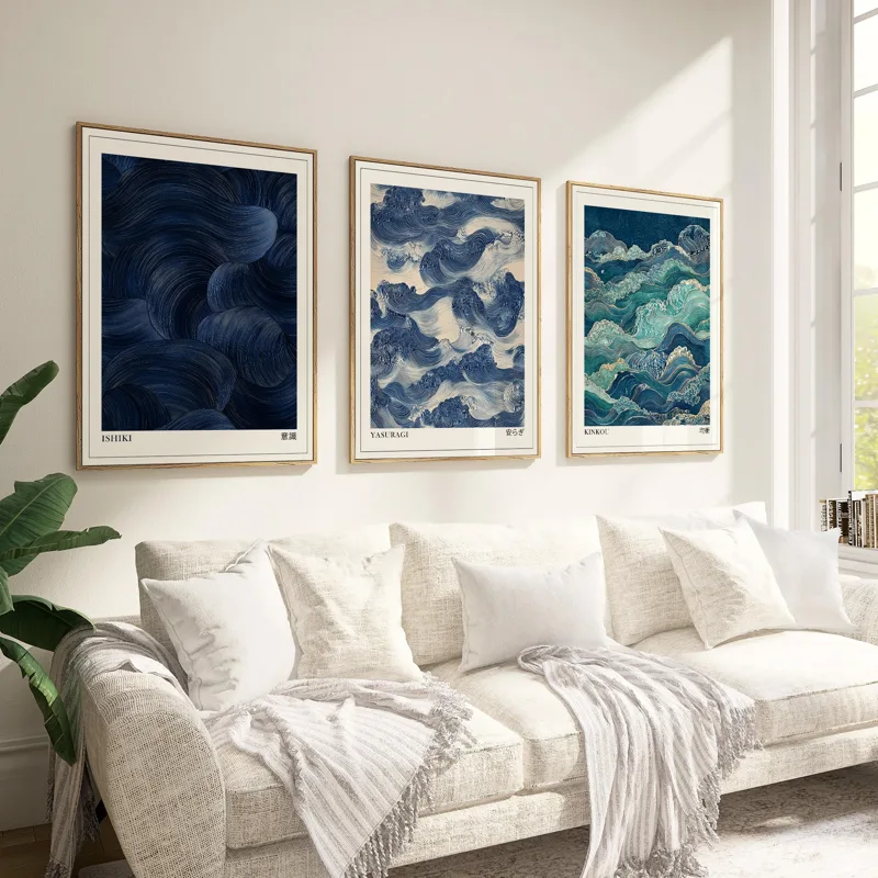 ジャパンディ ウォールアート 3枚セット、モダンな抽象波プリ - Japanese Living Lifestyle のレビューと価格