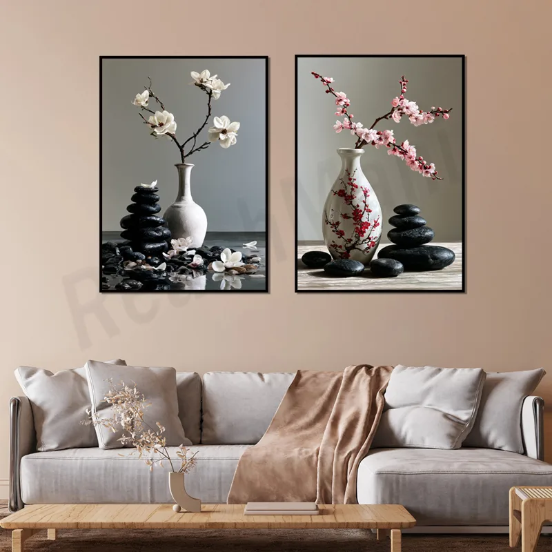 和風の桜とマグノリアの花瓶と黒い石が積み重なった静物画プリン - Japanese Zen Lifestyle のレビューと価格