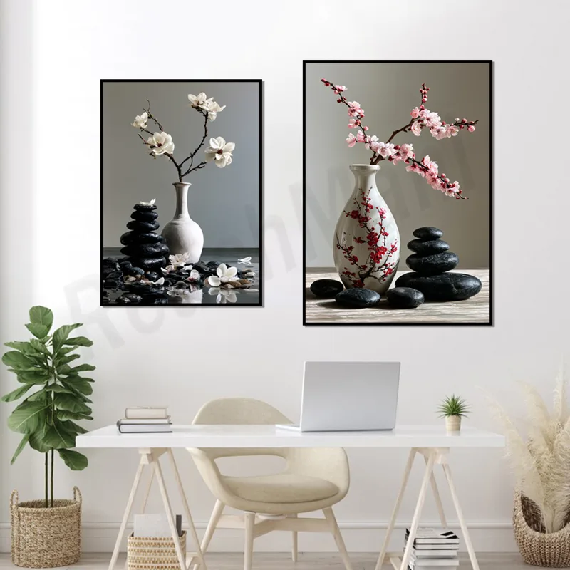 和風の桜とマグノリアの花瓶と黒い石が積み重なった静物画プリン - Japanese Zen Lifestyle のレビューと価格