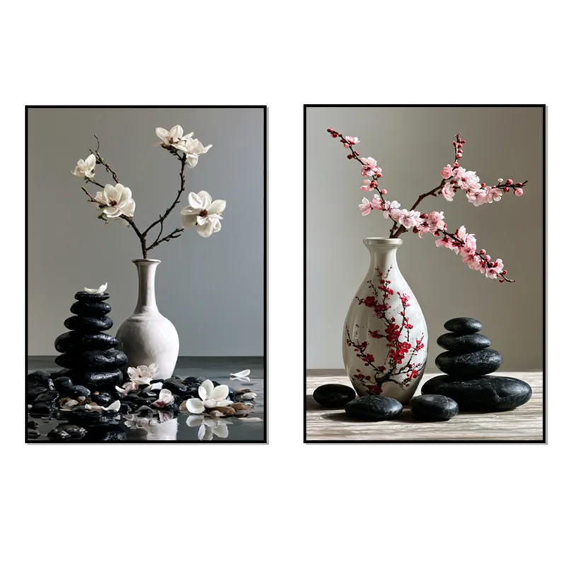 和風の桜とマグノリアの花瓶と黒い石が積み重なった静物画プリン - Japanese Zen Lifestyle のレビューと価格