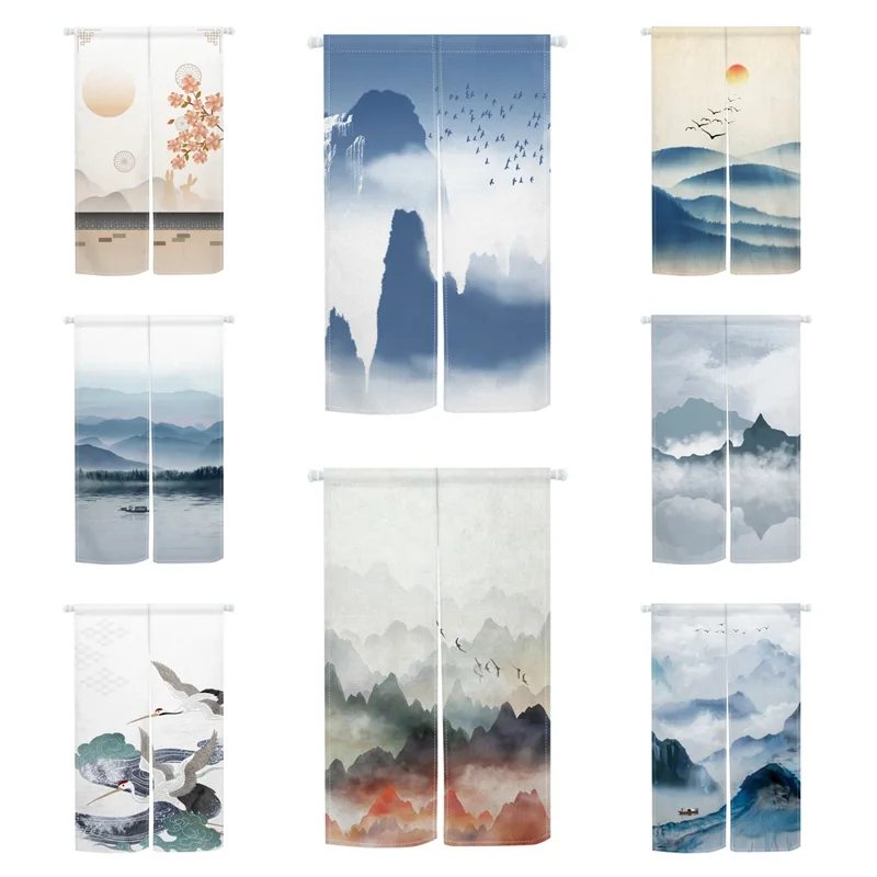 伝統的な日本の能門カーテン、水墨画の山、湖、鶴、夕日のモチー - Noren Curtain Doorway のレビューと価格