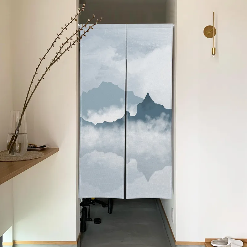 伝統的な日本の能門カーテン、水墨画の山、湖、鶴、夕日のモチー - Noren Curtain Doorway のレビューと価格