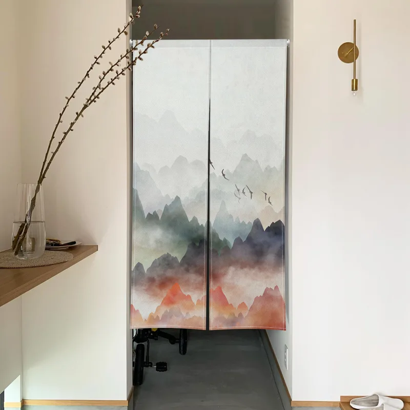 伝統的な日本の能門カーテン、水墨画の山、湖、鶴、夕日のモチー - Noren Curtain Doorway のレビューと価格