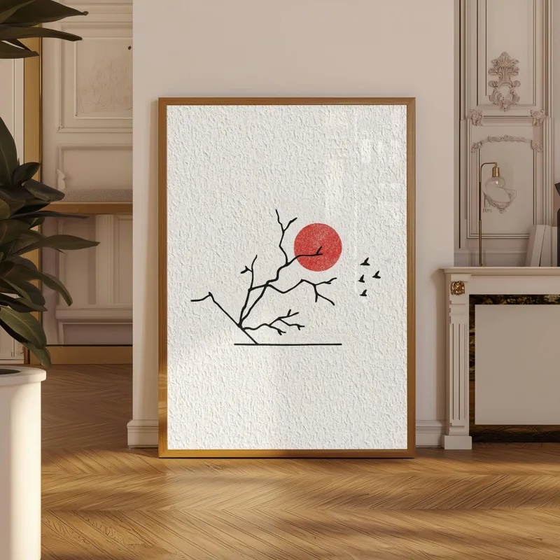 ミニマリストの日本水墨画ポスター、鳥の絵が描かれた赤い太陽の - Japanese Zen Lifestyle のレビューと価格