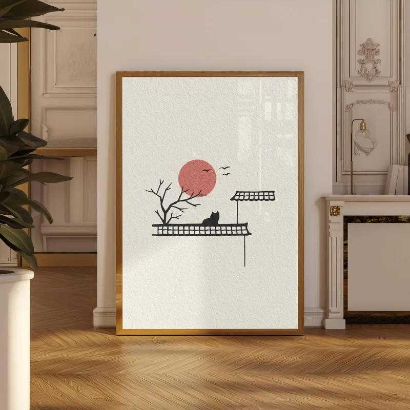 ミニマリストの日本水墨画ポスター、鳥の絵が描かれた赤い太陽の - Japanese Zen Lifestyle のレビューと価格