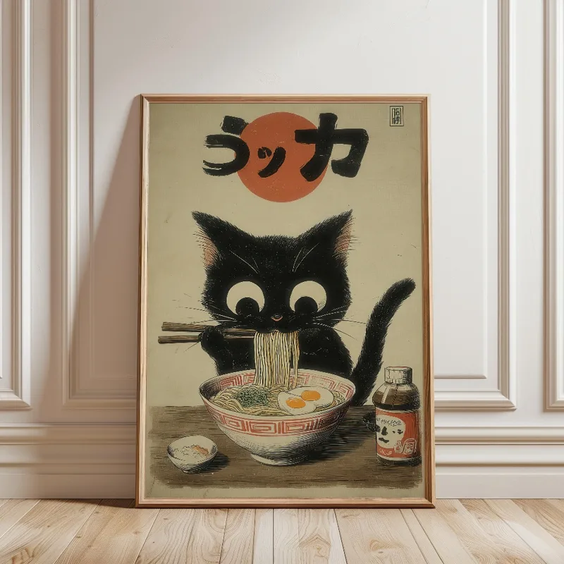 黒猫がラーメンを食べる雨の庭日本の風景猫キャンバス印刷ポスタ - Japanese Lifestyle Japanese のレビューと価格