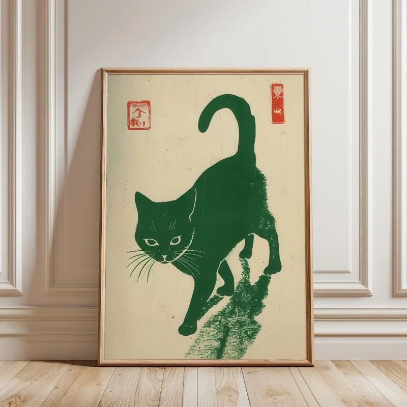 黒猫がラーメンを食べる雨の庭日本の風景猫キャンバス印刷ポスタ - Japanese Lifestyle Japanese のレビューと価格