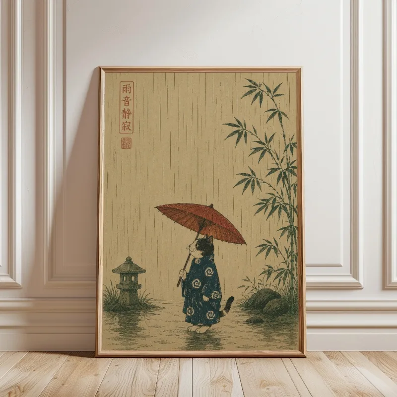 黒猫がラーメンを食べる雨の庭日本の風景猫キャンバス印刷ポスタ - Japanese Lifestyle Japanese のレビューと価格