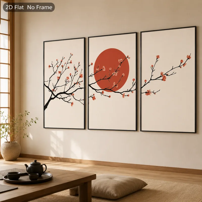 3 個セット サンセットライトピンク梅の花トリプルポスター  - Japanese Zen Lifestyle のレビューと価格