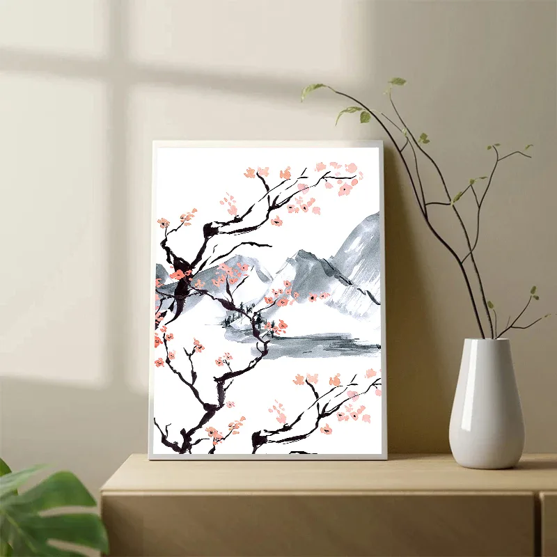 和風桜の木キャンバス油絵ポスタープリントモダンシンプルインク - Japanese Living Lifestyle のレビューと価格