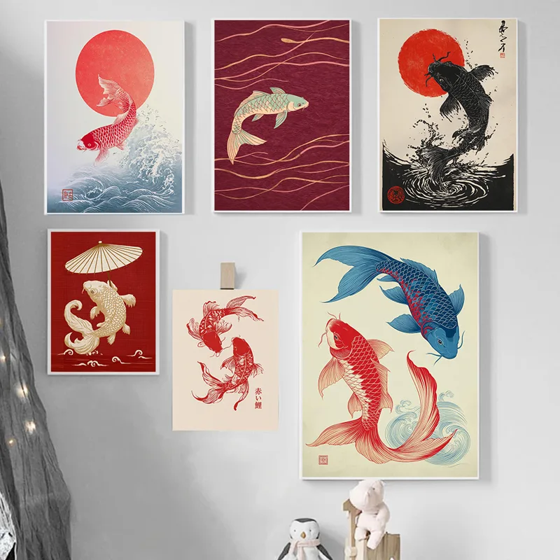 鯉魚日本ラインアートポスター禅木版画スタイルモダンプリントキ - Japanese Zen Lifestyle のレビューと価格