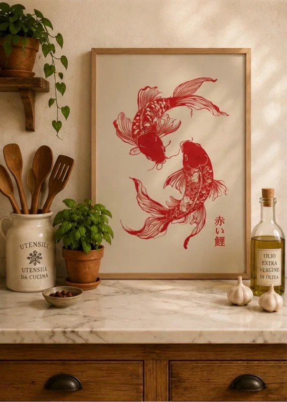 鯉魚日本ラインアートポスター禅木版画スタイルモダンプリントキ - Japanese Zen Lifestyle のレビューと価格