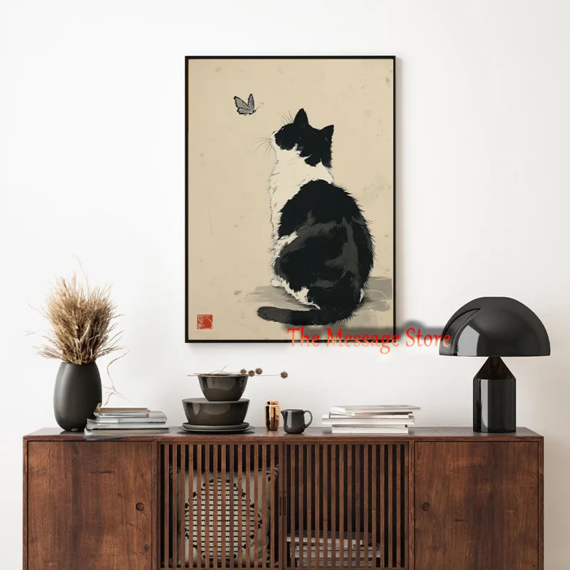 黒牛猫日本のミニマリスト猫禅動物ポスター中立的な家の装飾ヴィ - Japanese Zen Lifestyle のレビューと価格