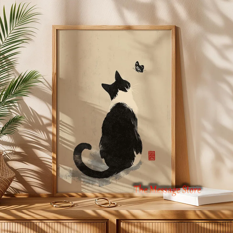 黒牛猫日本のミニマリスト猫禅動物ポスター中立的な家の装飾ヴィ - Japanese Zen Lifestyle のレビューと価格
