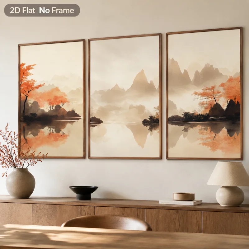 3ピース レッドメープル 鄂湖雲霧峰ポスター 和風秋の風景  - Japanese Lifestyle Japanese のレビューと価格