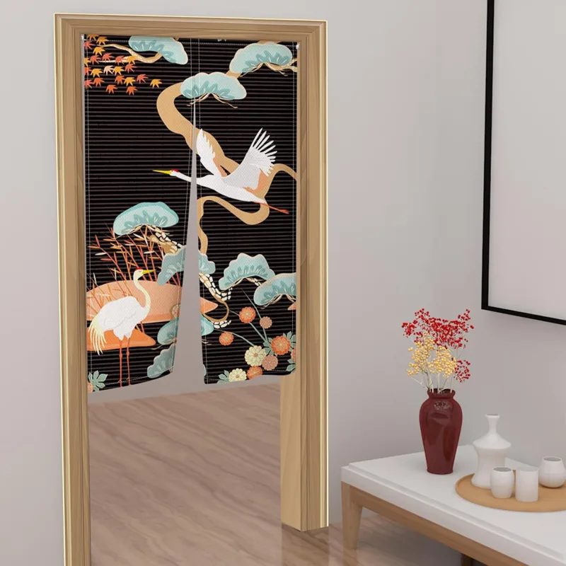 伝統的な和風の出入り口カーテン、ノレン、鶴と花柄のストライプ - Noren Curtain Doorway のレビューと価格