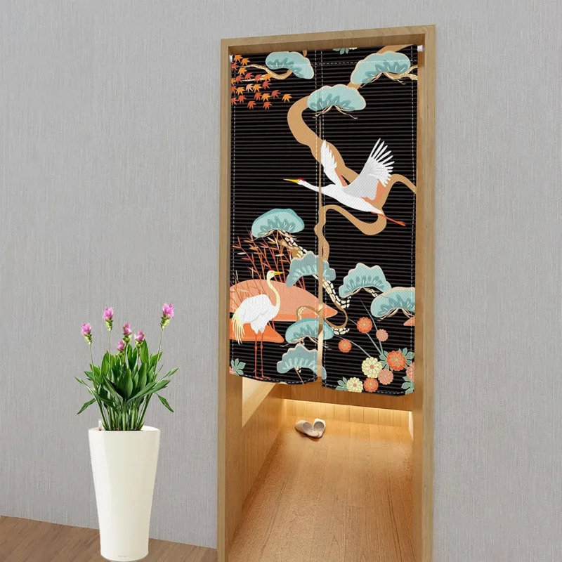 伝統的な和風の出入り口カーテン、ノレン、鶴と花柄のストライプ - Noren Curtain Doorway のレビューと価格