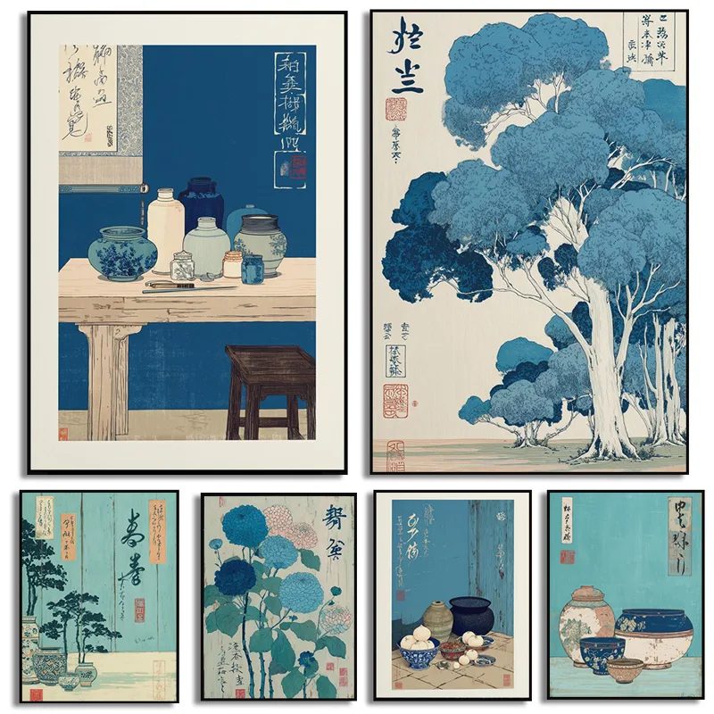 和風静物画ポスター ブルーシリーズ 水墨画 キャンバス絵画  - Japanese Zen Lifestyle のレビューと価格
